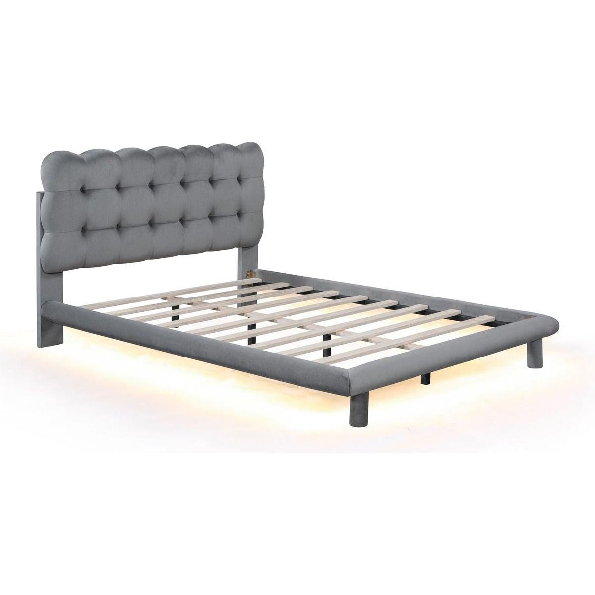 Full Size Velvet Platform Bed with LED Frame, Thick & Soft Fabric and Button-tufted Design Headboard, Gray