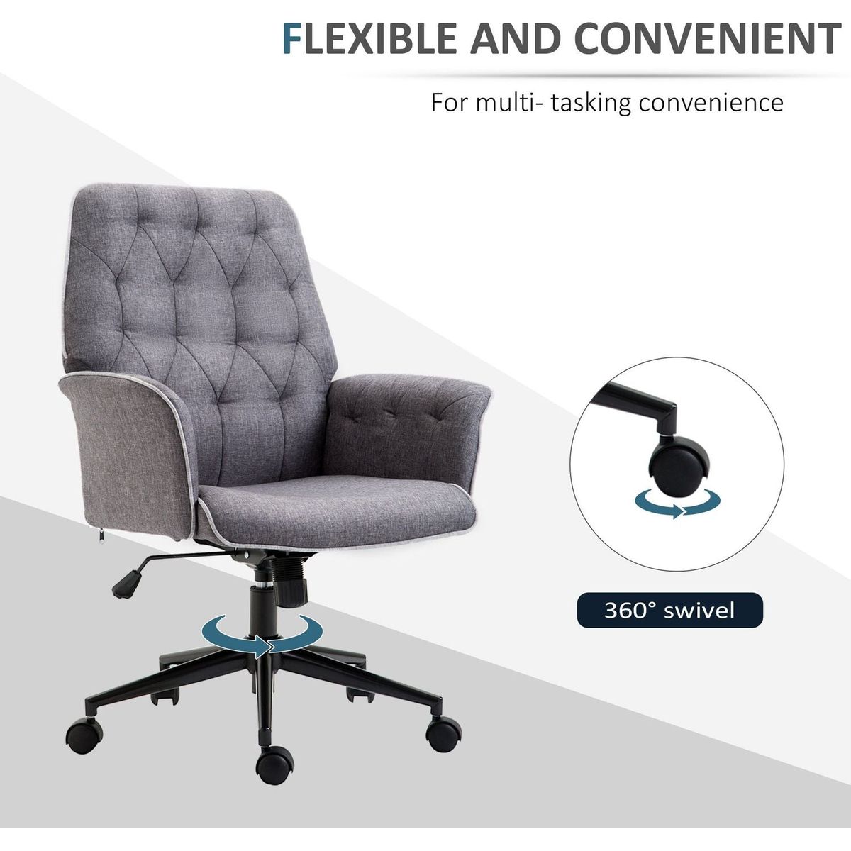 Vinsetto Linen Home Office Chair, Tufted Height Adjustable Computer Desk Chair with Swivel Wheels and Padded Armrests, Dark Gray