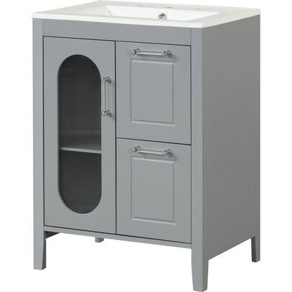 24" Bathroom Vanity with Sink, Bathroom Vanity Cabinet with Two Drawers and Door, Adjustable Shelf, Solid Wood and MDF, Grey