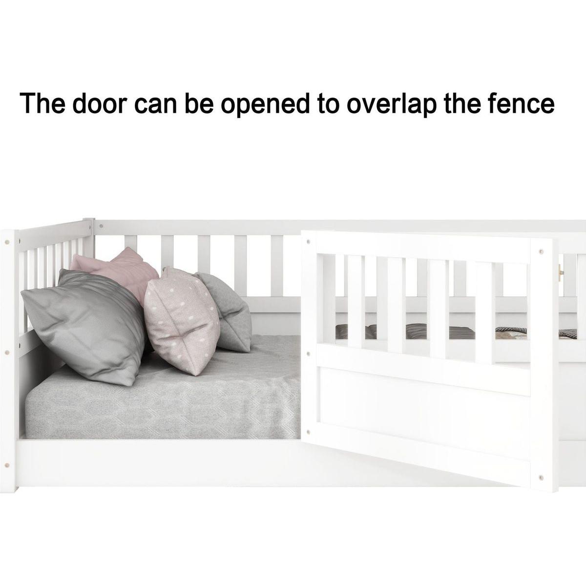 Full size Floor bed, integral construction with super high security barrier, door, children's floor bed frame, Montessori wooden children's floor bed, Support slat white - Streamdale Furniture