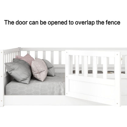 Full size Floor bed, integral construction with super high security barrier, door, children's floor bed frame, Montessori wooden children's floor bed, Support slat white - Streamdale Furniture