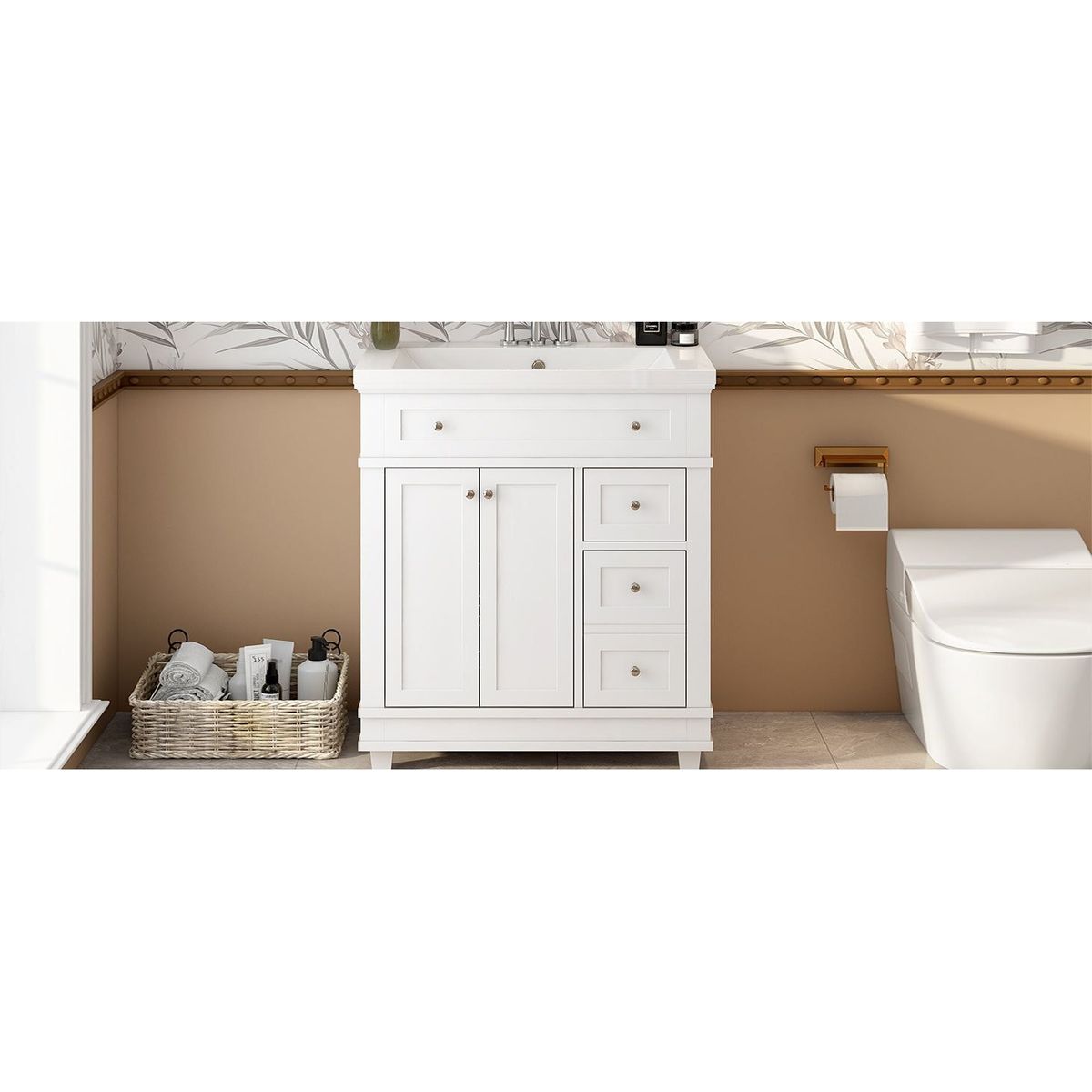 30" Bathroom Vanity Cabinet with Sink Combo Set, Undermount Resin Sink, Free Standing Vanity Set with 2 Drawers& Soft Closing Doors, Solid Wood Frame Bathroom Cabinet, White