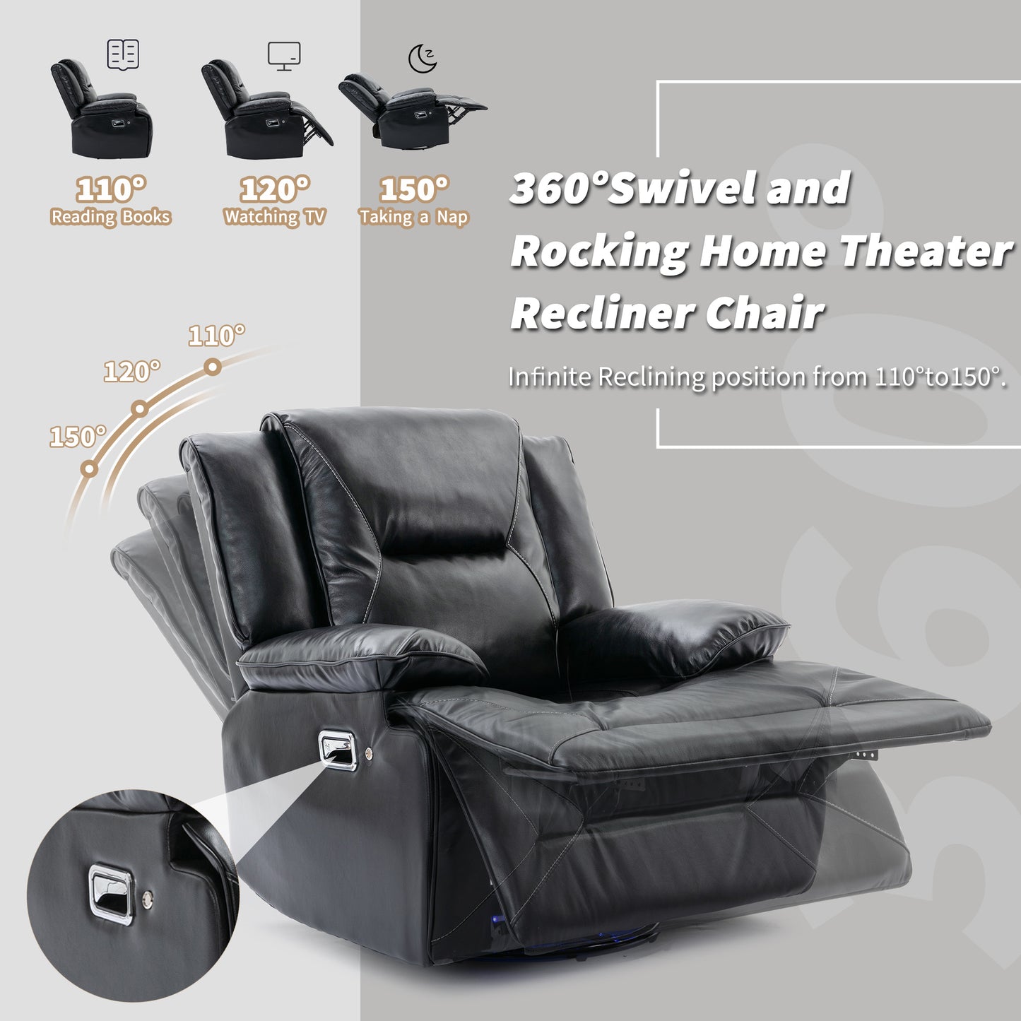 360 Swivel and Rocking Home Theater Recliner Manual Recliner Chair with a LED Light Strip for Living Room,Bedroom, Black