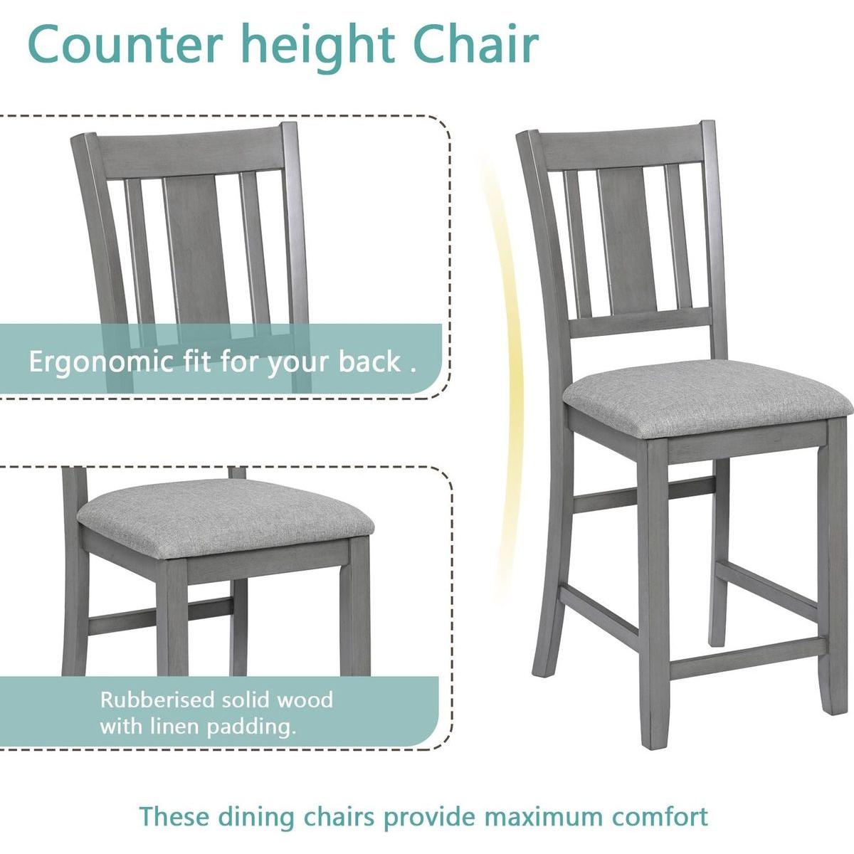 5 Piece Dining Table Set, Wooden Dining Square Table Set for 4, Counter Height Kitchen Table Set with Square Table and 4 Upholstered Chairs for Small Space, Gray - Streamdale Furniture