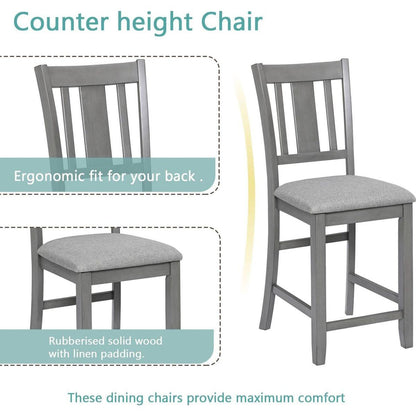 5 Piece Dining Table Set, Wooden Dining Square Table Set for 4, Counter Height Kitchen Table Set with Square Table and 4 Upholstered Chairs for Small Space, Gray - Streamdale Furniture