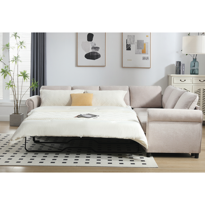 Sleeper Sofa, 2 in 1 Pull Out Couch Bed,6 seater sofa bed, L Shaped Sleeper Sectional Sofa Couch,Riveted sofa,104" Large combined sofa Bed in living room, Beige