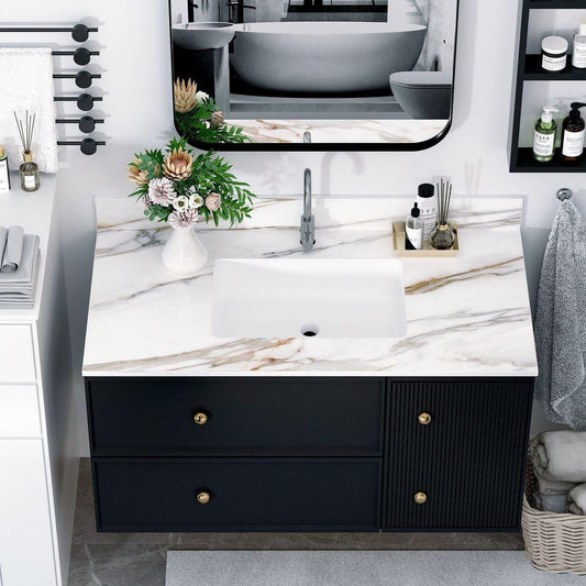 43 Inch Marble Vanity Top, Bathroom Vanity Top with Undermount Rectangular Middle Sink and 4" Height Backsplash, Pre-Drilled Faucet Hole Vanity Top, Carrara white with veins