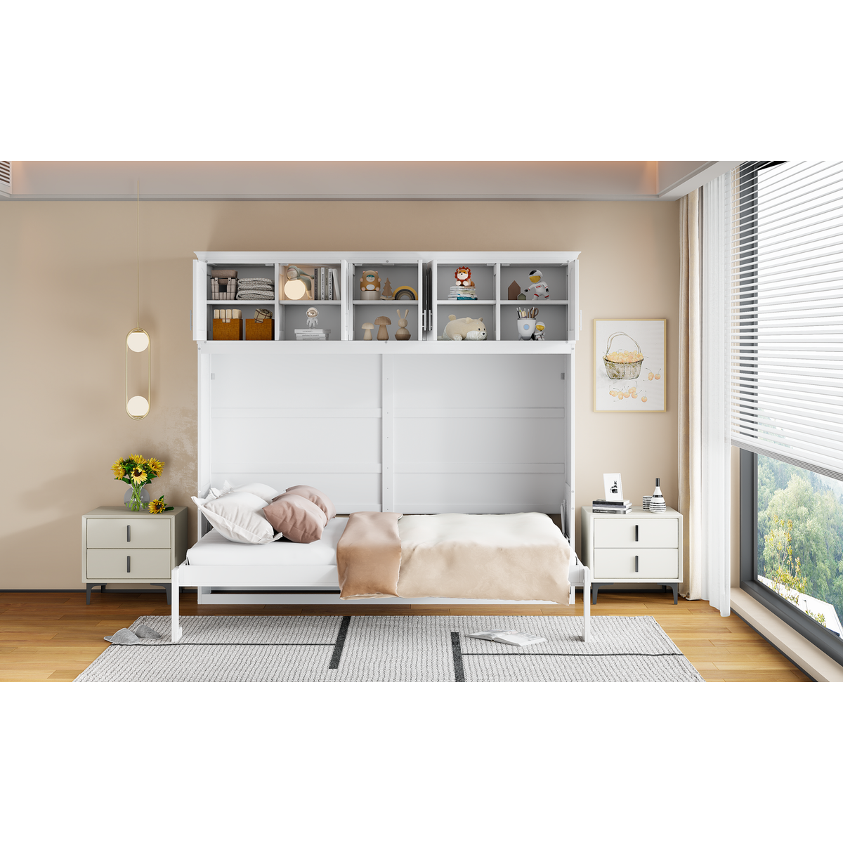 Queen Size Murphy Bed Wall Bed with Top Cabinets,White
