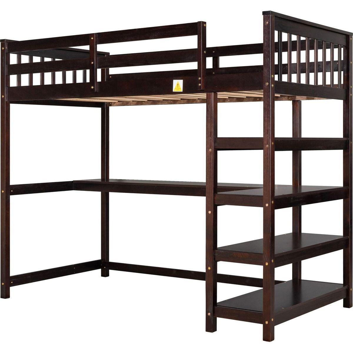 Twin Size Loft Bed with Storage Shelves and Under-bed Desk, Espresso