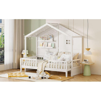 Twin Size House Bed with Shelves, House Bed with Window and Sparkling Light Strip on the Roof, White