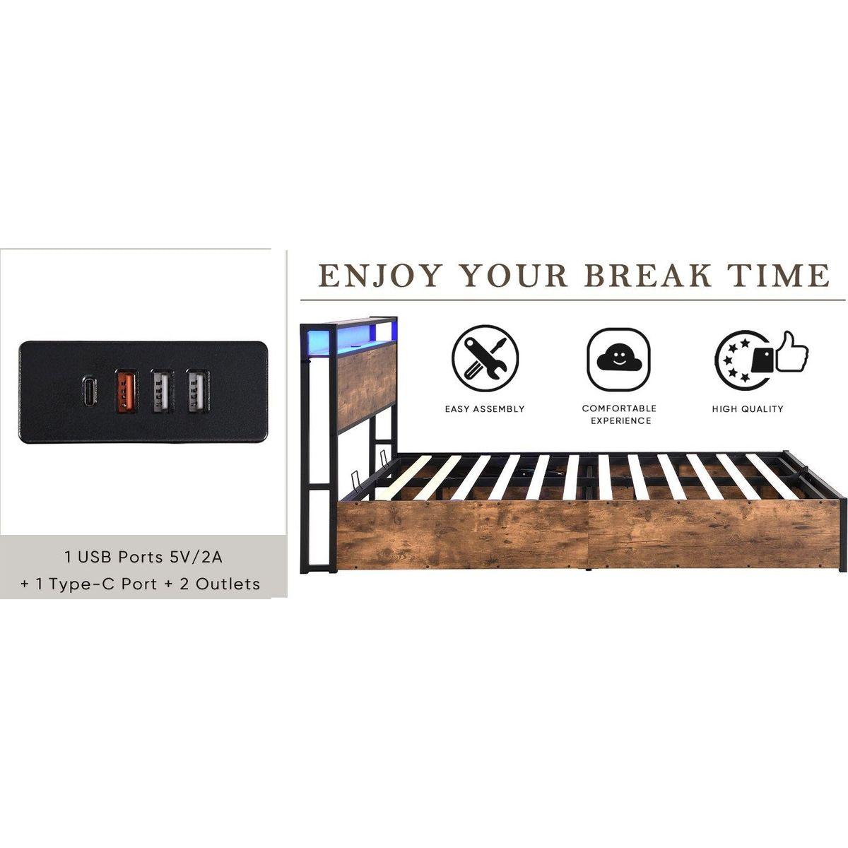 Lift-up Storage Bed Frame, Full Size Bed Frame with Bookcase Headboard & LED Lights, Wooden Platform Bed Frame with Charging Station, No Spring Box Needed, Rustic Brown