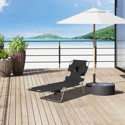 Folding Beach Lounge Chair with Face Hole and Arm Slots, 5-level Adjustable Sun Lounger Tanning Chair with Pillow for Patio, Garden, Beach, Pool, Black
