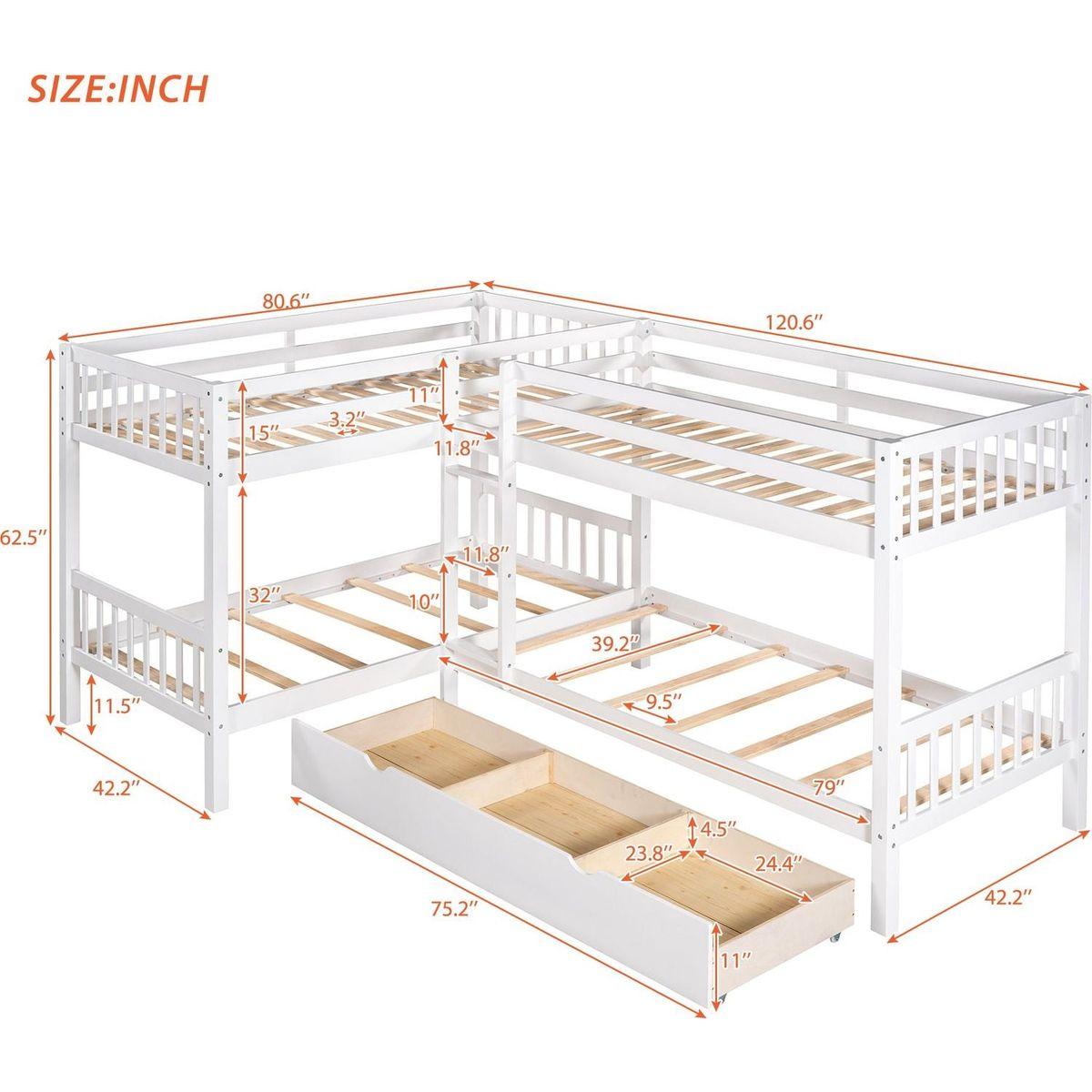 Twin L-Shaped Bunk bed with Drawers-Gray