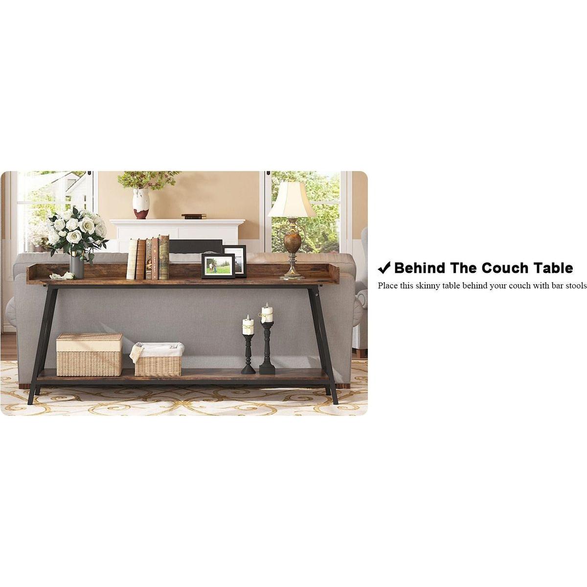 70.87 inch Extra Long Console Table Behind Couch, Rustic Industrial Sofa Table for Living Room, Narrow Entryway Hallway Long Bar Table, Brown+Black