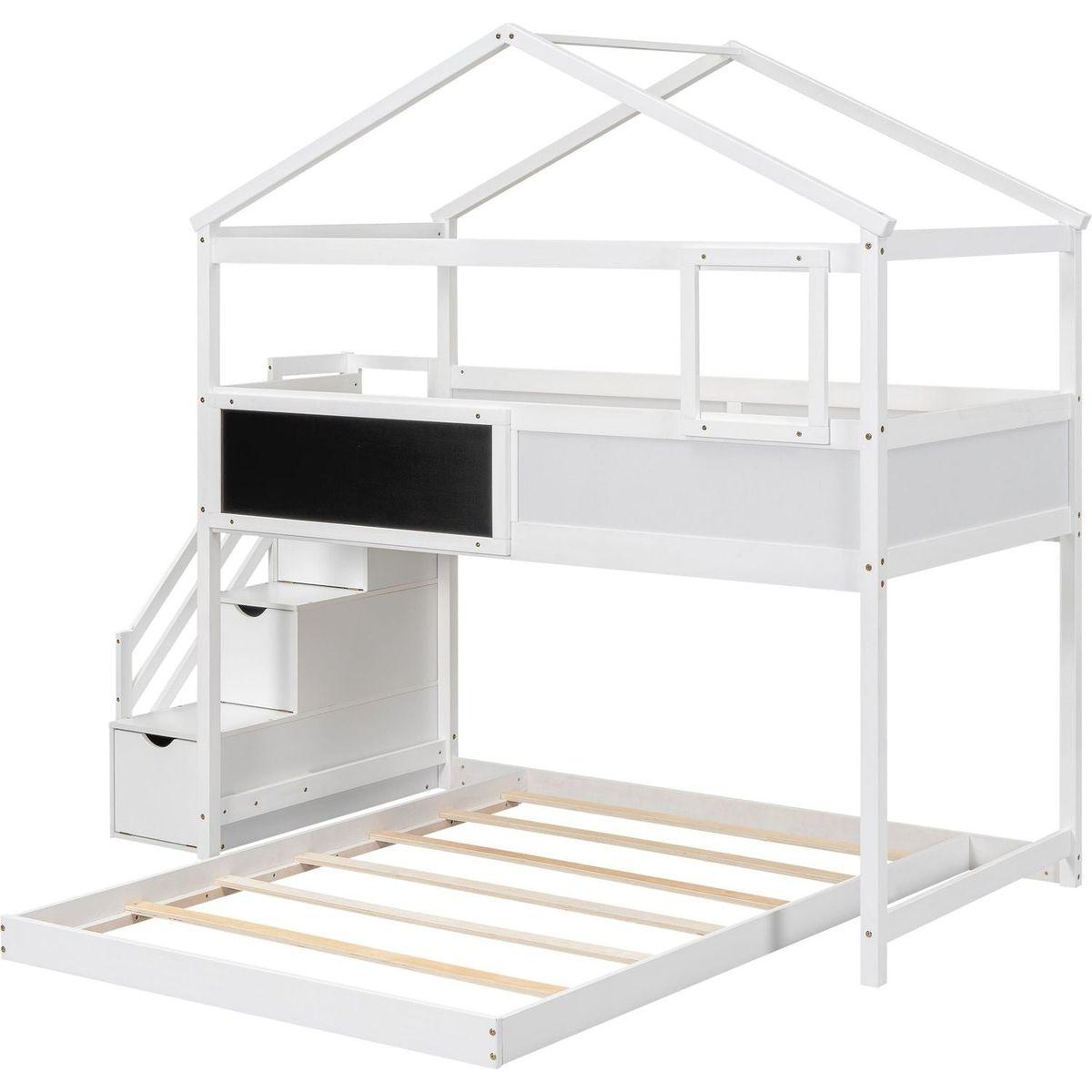 Twin over Full House Bunk Bed with Storage Staircase and Blackboard,White