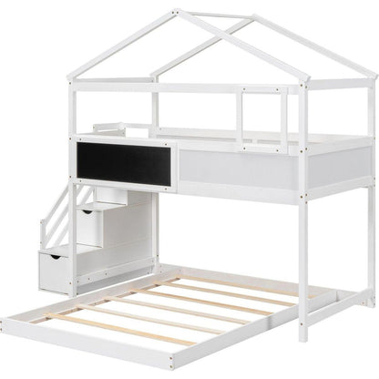Twin over Full House Bunk Bed with Storage Staircase and Blackboard,White