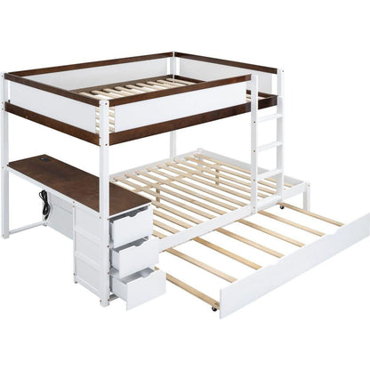 Full-Over-Full Bunk Bed with Twin size Trundle, Storage and Desk, White+Walnut