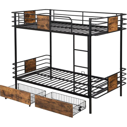 Twin XL over Twin XL Metal Bunk Bed with MDF Board Guardrail and Two Storage Drawers,Black