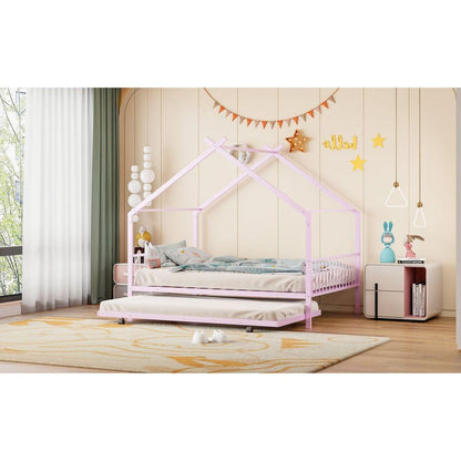 Full Size Metal House Bed with Twin Size Trundle, Pink