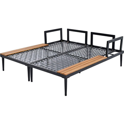 Modern Outdoor Daybed Patio Metal Daybed with Wood Topped Side Spaces for Drinks, 2 in 1 Padded Chaise Lounges for Poolside, Balcony, Deck, Gray