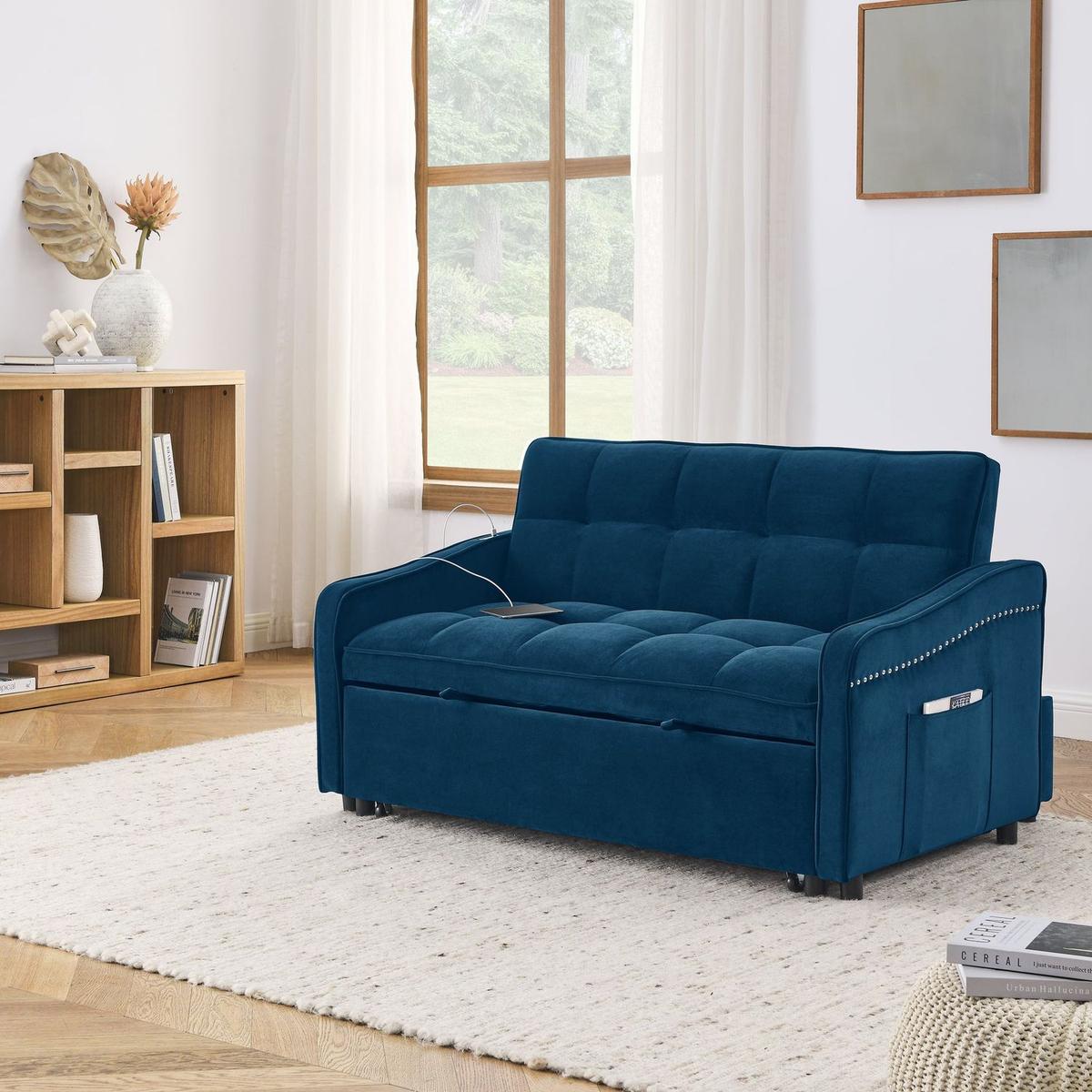Loveseats Sofa Bed with Pull-out Bed,Adjustable Back and Two Arm Pocket,TypeC and USB Charging with Copper nail,Blue (47"x53"x31")