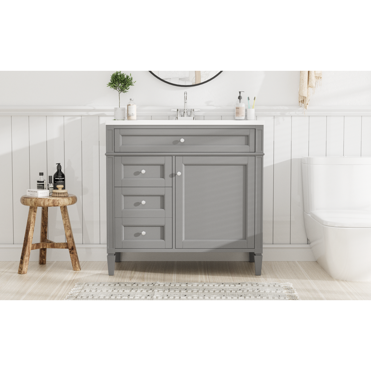 36" Bathroom Vanity with Top Sink, Modern Bathroom Storage Cabinet with 2 Drawers and a Tip-out Drawer, Single Sink Bathroom Vanity