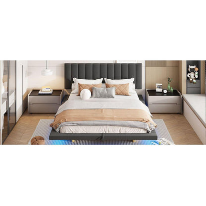 Queen Size Upholstered Floating Bed with LED Light and USB Port, Velvet, Gray, Hydrualic Platform Bed