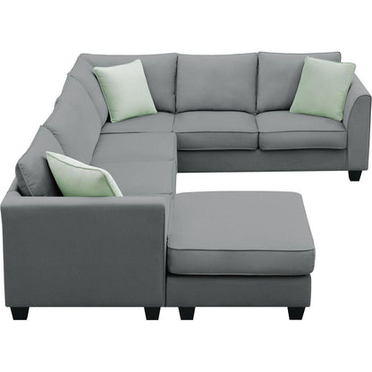 112x87" Sectional Sofa Couches Living Room Sets, 7 Seats Modular Sectional Sofa with Ottoman, L Shape Fabric Sofa Corner Couch Set with 3 Pillows, Grey(New of GS008210AAG)
