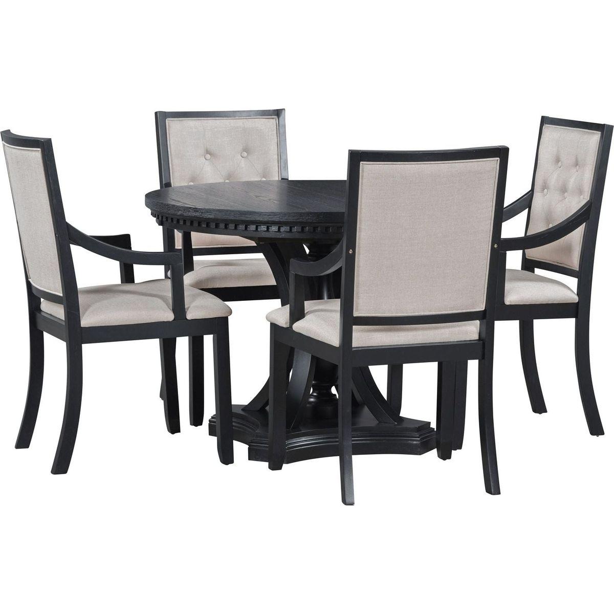 Retro 5-piece Dining Set Extendable Round Table and 4 Chairs for Kitchen Dining Room (BLACK OAK)