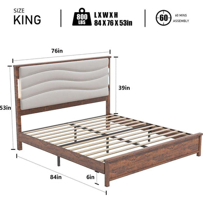 King Size Bed Frame with Upholstered Headboard, King Bed Frame with Charging Station and LED Lights, Wood Slats, Dark Gray Linen, No Box Spring Needed, Easy Assembly