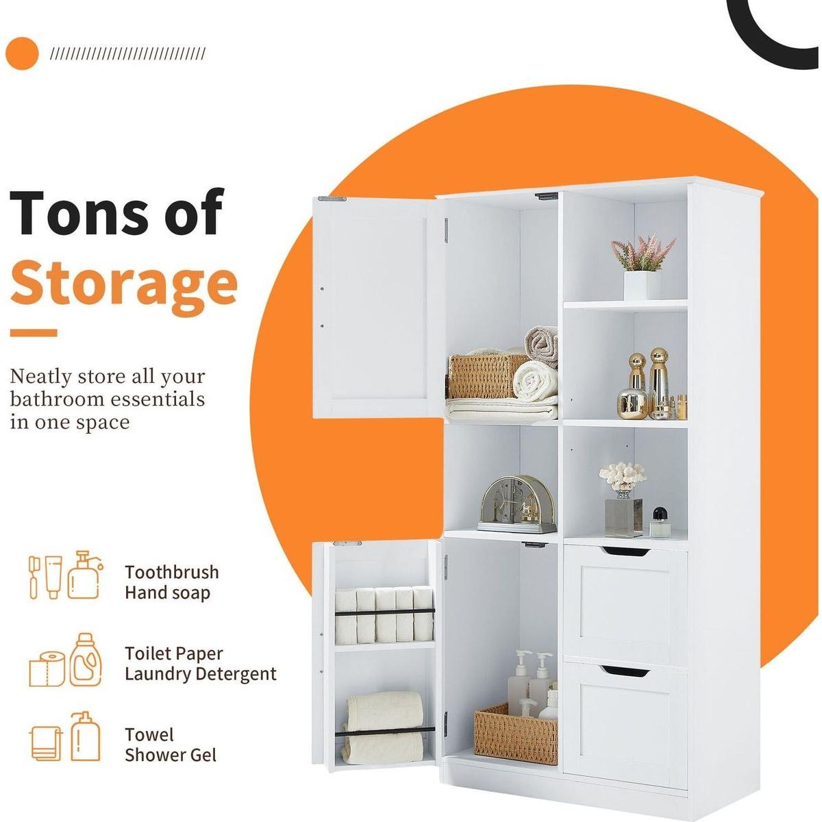 Bathroom Storage Cabinet with Doors and Drawers, Multiple Storage Space, Freestanding Style, Open Shelve, Adjustable Shelf, White