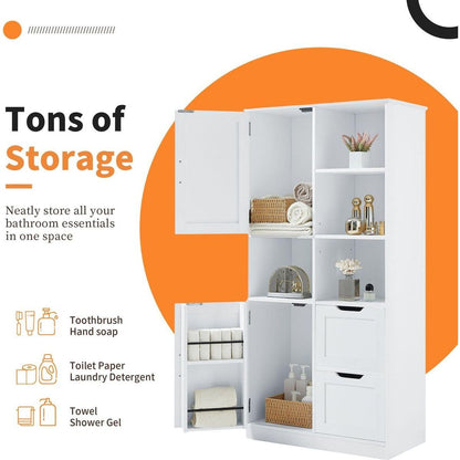 Bathroom Storage Cabinet with Doors and Drawers, Multiple Storage Space, Freestanding Style, Open Shelve, Adjustable Shelf, White