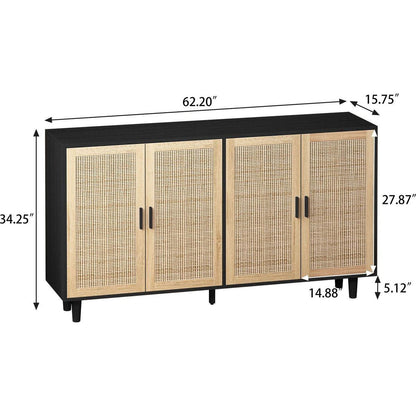 62.20"Elegant and Functional 4-Door Rattan Decorative Storage Cabinet,for Bedroom,Living Room,Office,Easy Assembly,Black