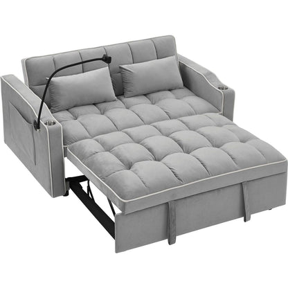 55.51 inch versatile foldable sofa bed in 3 lengths, modern sofa sofa sofa velvet pull-out bed, adjustable back and with USB port and ashtray and swivel phone stand (Grey)