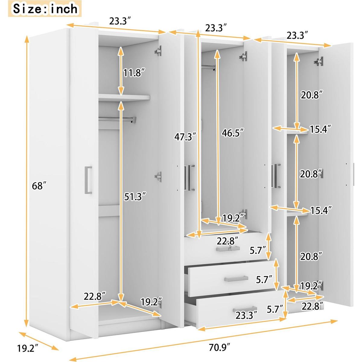6-Doors Wooden Wardrobe Storage for Bedroom, with Big Drawers, White