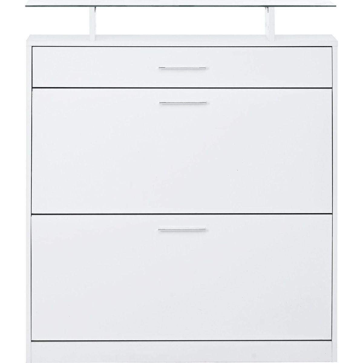 Slim Entryway Organizer with 2 Flip Drawers, Tempered Glass Top Shoe Storage Cabinet with Drawer, Free Standing Shoe Rack with LED Light for Hallway, White