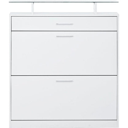 Slim Entryway Organizer with 2 Flip Drawers, Tempered Glass Top Shoe Storage Cabinet with Drawer, Free Standing Shoe Rack with LED Light for Hallway, White