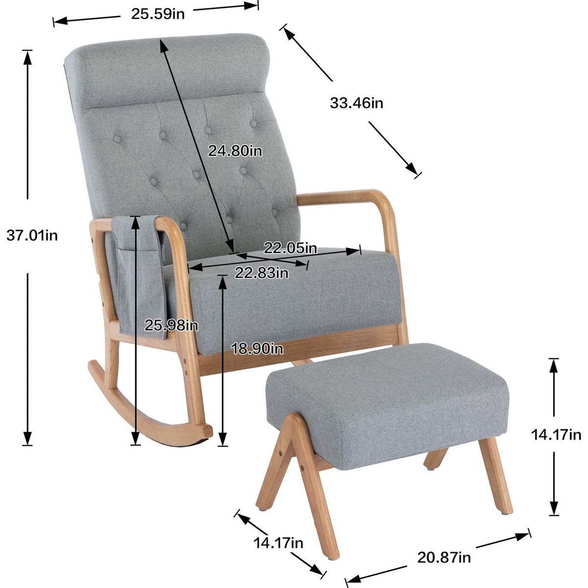 Rocking Chair With Ottoman, Mid-Century Modern Upholstered Fabric Rocking Armchair, Rocking Chair Nursery with Thick Padded Cushion, High Backrest Accent Glider Rocker Chair for Living Room