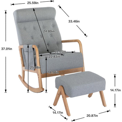 Rocking Chair With Ottoman, Mid-Century Modern Upholstered Fabric Rocking Armchair, Rocking Chair Nursery with Thick Padded Cushion, High Backrest Accent Glider Rocker Chair for Living Room