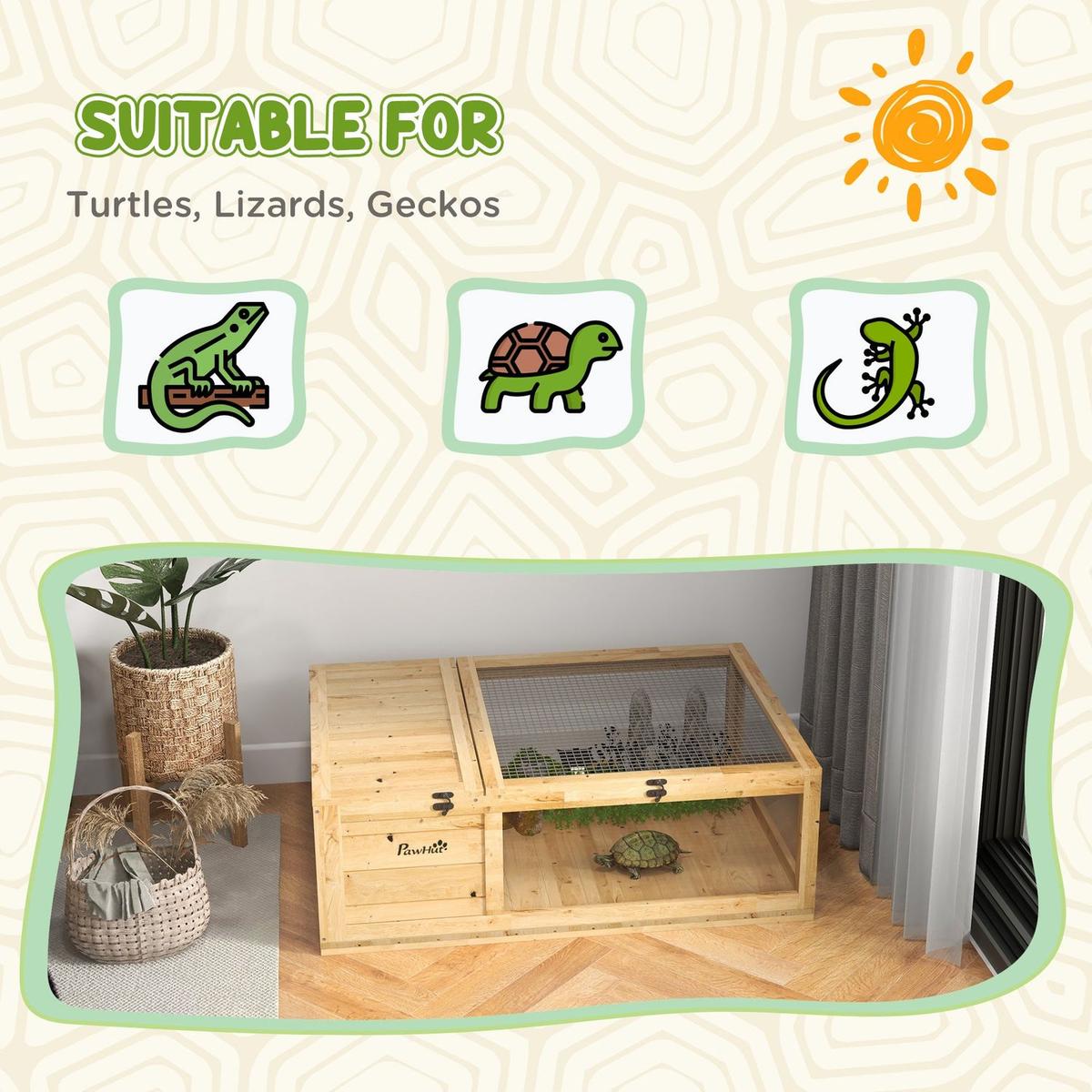 Wooden Tortoise House Indoor Turtle Habitat Enclosure Outdoor Reptile Cage for Lizards, Geckos, Yellow