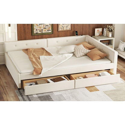 Full Size Upholstered Platform Bed with USB and 2 Drawers, Beige