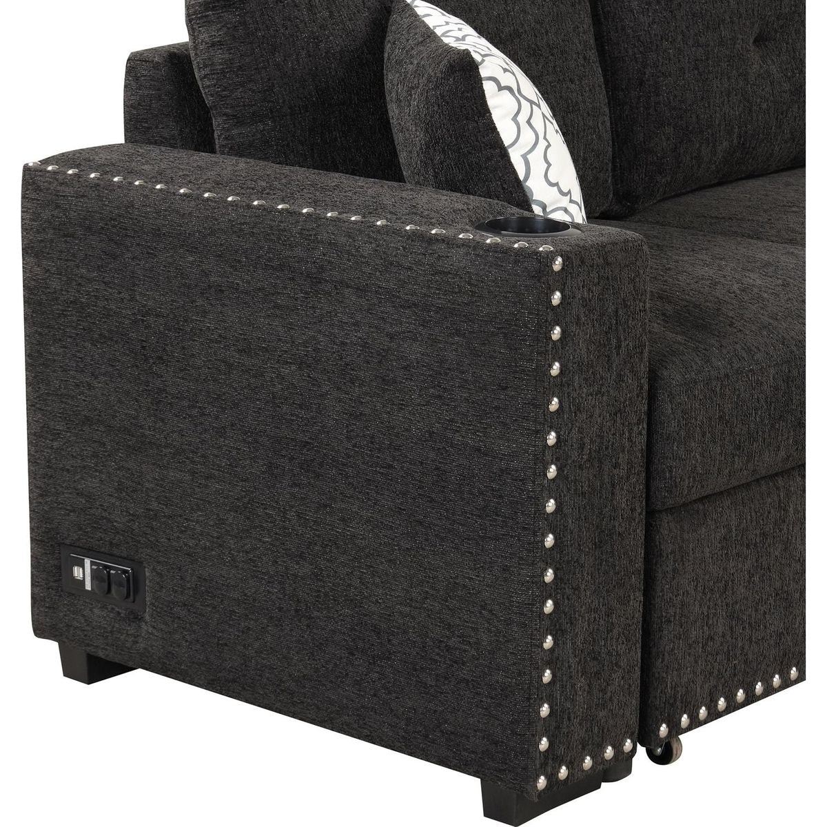 83.8" Reversible Sectional Pull-Out Sofa Bed L-Shaped Corner Sofa Couch with Storage Chaise, USB Ports, Power Sockets, Cup Holder for Living Room, Bedroom, Study, Black