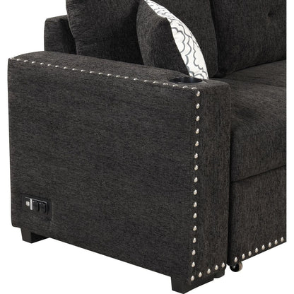 83.8" Reversible Sectional Pull-Out Sofa Bed L-Shaped Corner Sofa Couch with Storage Chaise, USB Ports, Power Sockets, Cup Holder for Living Room, Bedroom, Study, Black