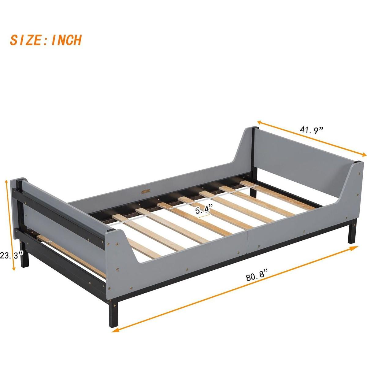 Twin Bed with Headboard, Footboard, Safeguards, Built-in Bed-end Book Storage Rack, Grey