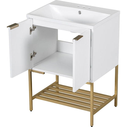 24" Bathroom Vanity with Sink, Bathroom Vanity Cabinet with Two Doors and Gold Metal Frame, Open Storage Shelf, White