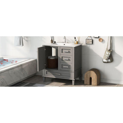 30" Bathroom Vanity, Modern Bathroom Cabinet with Sink Combo Set, Bathroom Storage Cabinet with a Soft Closing Door and 3 Drawers, Solid Wood Frame(Grey)