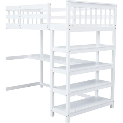 Twin Size Loft Bed with Storage Shelves and Under-bed Desk, White