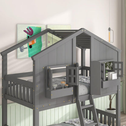 Twin over Twin House Bunk Bed with Roof, Window, Window Box, Door, with Safety Guardrails and Ladder, Grey