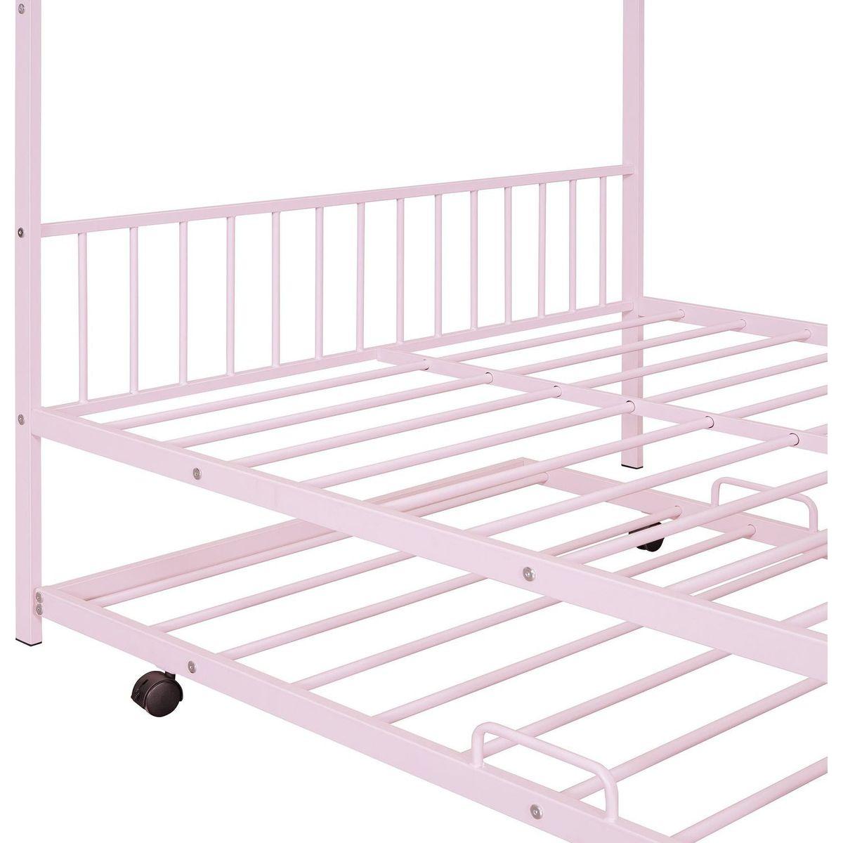 Full Size Metal House Bed with Twin Size Trundle, Pink