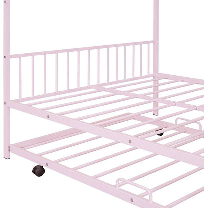 Full Size Metal House Bed with Twin Size Trundle, Pink